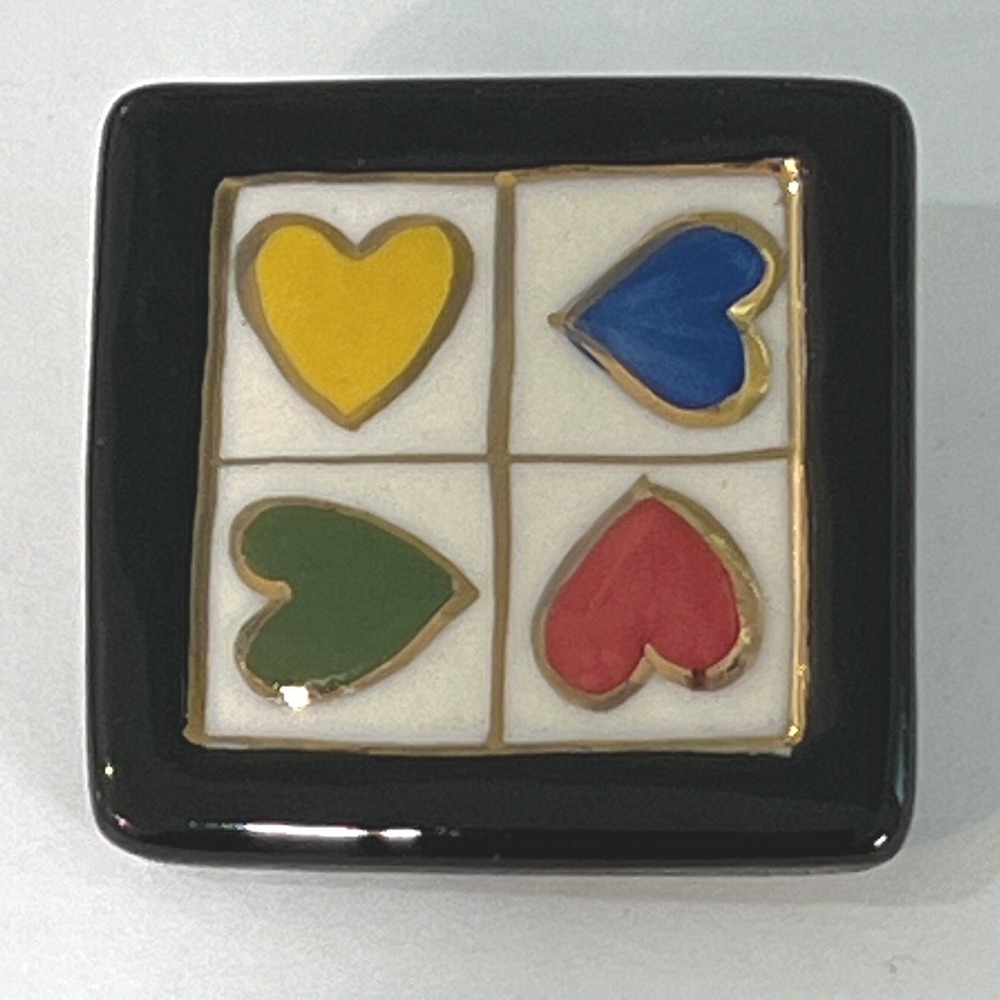 Vintage Clay Four Heart Brooch Square Ceramic Enamel Pin